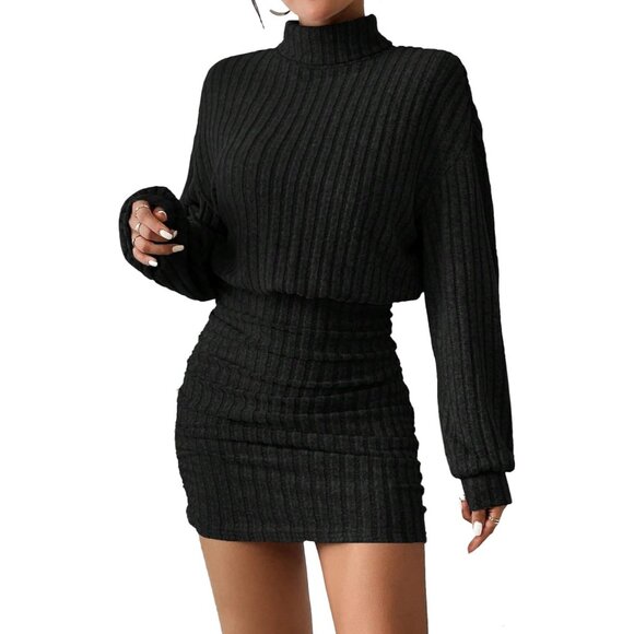 Dresses & Skirts - Women's Black Lantern Sleeve Turtle Neck Cute Ribbed Knit Pullover Sweater Dress